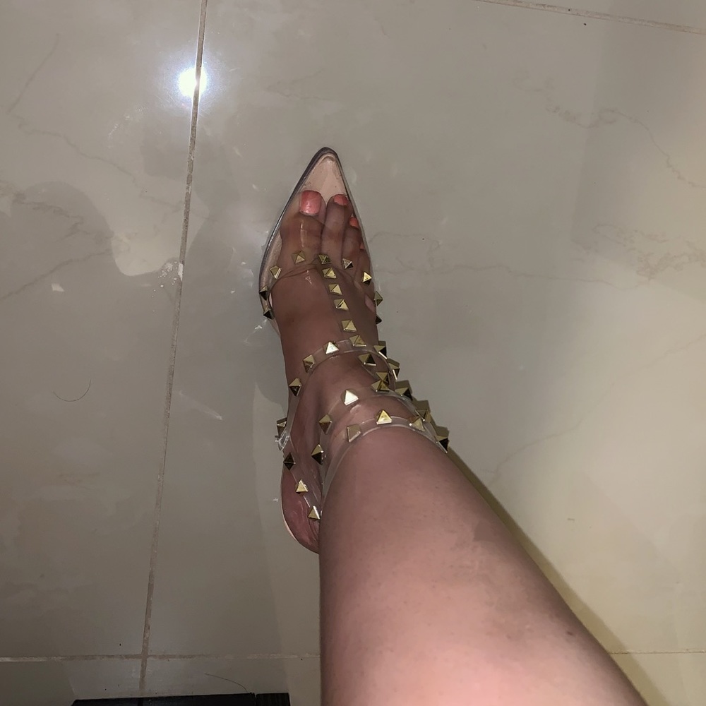 Clear nude strappy stud heels